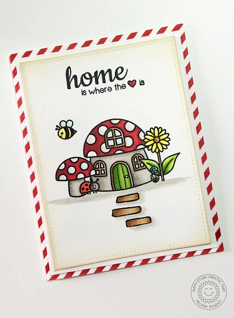 Sunny Studio: Home Is Where The Heart Is Mushroom House Card by Melissa Bowden (using Backyard Bugs & Happy Home stamps)