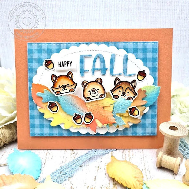 Sunny Studio Stamps: Autumn Greenery Card by Tina (featuring Fall Friends, Chloe Alphabet Dies, Scalloped Oval Mat Dies)