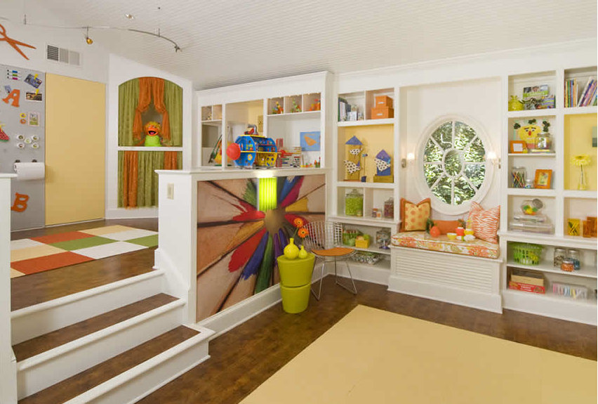 fabulous design and colors for a quirky kids craft and play room with 