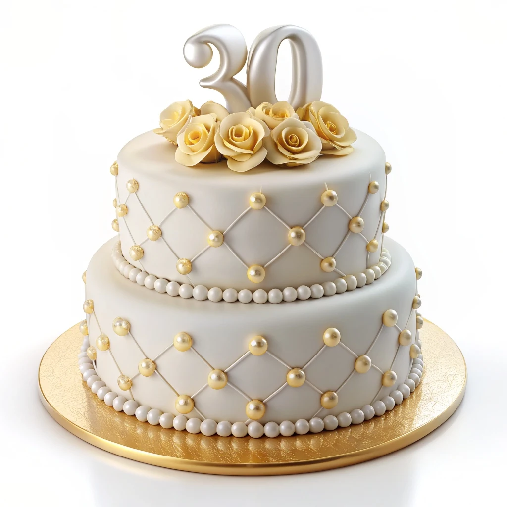  Pastel de aniversario de bodas de 30 años en color blanco decorado con rosas y perlas 