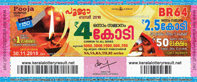 lottery result published by department of kerala lottery,Kerala State Pooja Bumper 2018 BR 64 dRAW 30.11.2018,Pooja Bumper - 2018 (br-64) Live available on 2.00 pm,kerala state pooja bumper lottery br-64 result 30/11/2017,pooja bumper br 64 result twent second november 2018,kerala pooja bumper lottery br64 result, bumber lottery br64 result