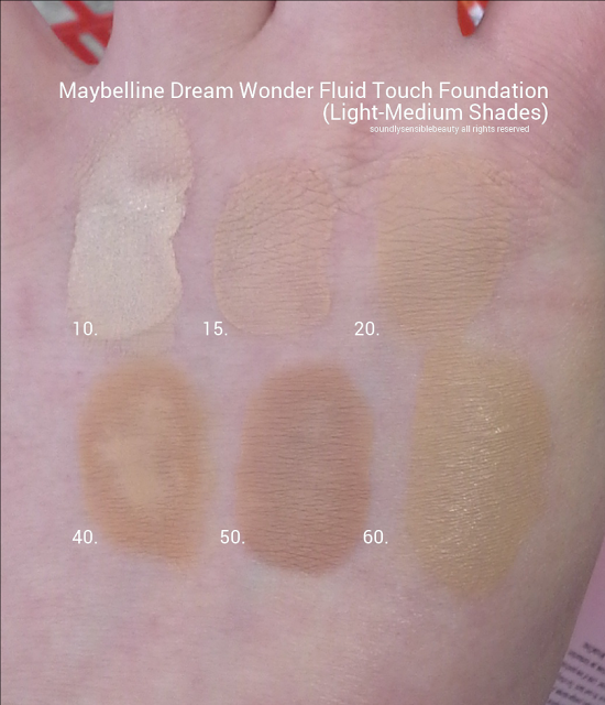 Maybelline Dream Wonder Fluid Touch Foundation; Liquid-Powder Swatches of Shades & Review