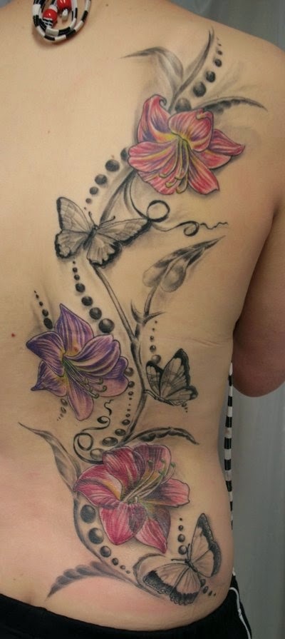 Women Back Butterflies Tattoos, Women Fullback Flowers Tattoos, Flower And Butterfly Back Tattoo Designs, Women Flowers Butterflies Tattoo, Women, Birds, Flower, 