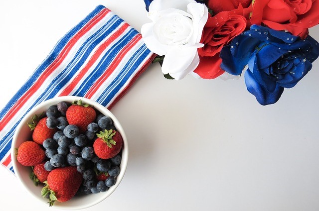 Red, White, and Blue Roses, Fruit, Napkins