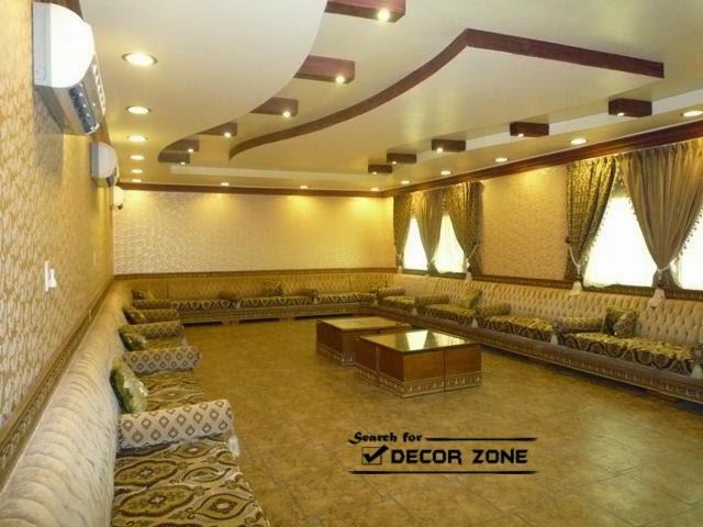 25 original false ceiling designs with integrated lighting systems ...  gypsum false ceiling designs with wooden paint decorations for large living  room