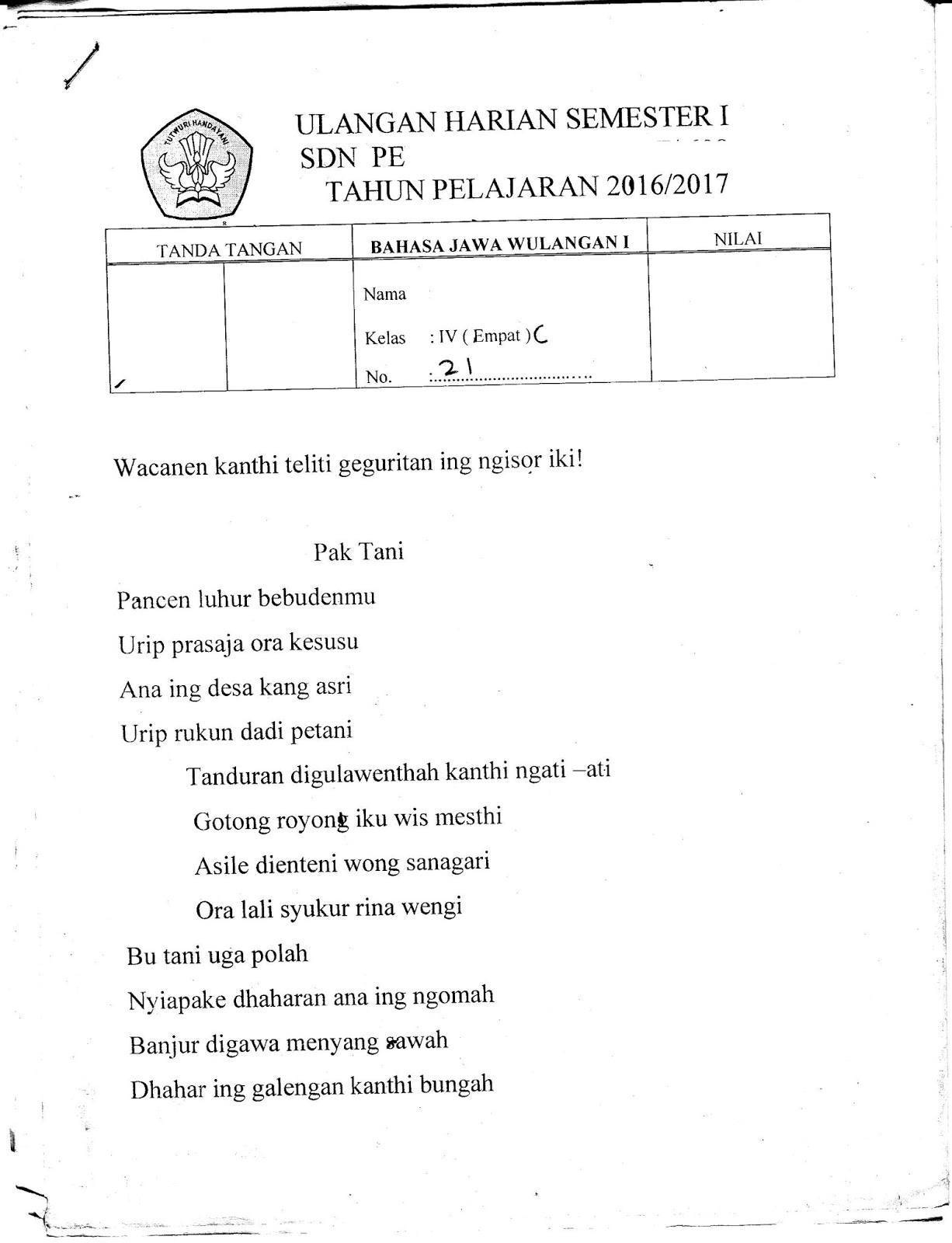 Formatif Bahasa Jawa Kelas 4 SD Semester Ganjil TA 2016 2017 Kurikulum2013