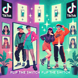 Illustration representing the Flip the Switch Challenge on TikTok, featuring a split-screen design. On the left side, two participants in their original outfits stand in front of a mirror with a light switch in the background. On the right side, the same participants have swapped outfits and are striking playful, exaggerated poses. The background includes subtle TikTok icons and sparkles, emphasizing the fun and viral nature of the challenge. The design is colorful and modern, capturing the humor and creativity of TikTok trends.