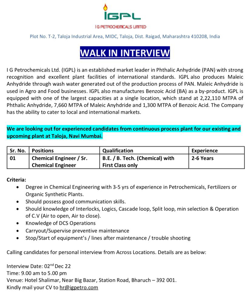 Job Availables, IGPL Walk-in Interview For BE/ BTech Chemical