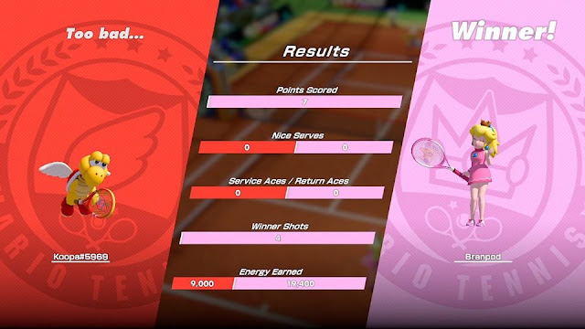 Mario Tennis Aces results Paratroopa lost Peach won