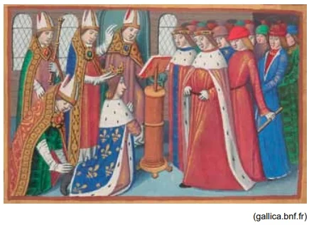 A imagem retrata a coroação de Carlos VII em Reims, na França, no ano de 1429. No contexto da Guerra dos Cem Anos (1337-1453), o episódio