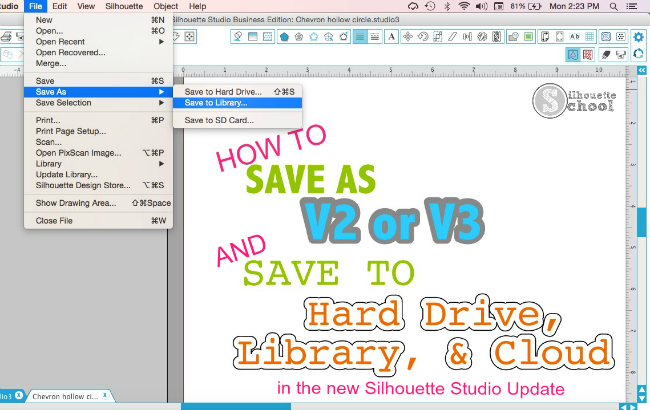 Silhouette Tutorial, Silhouette Studio, save v2, save v3, cloud update