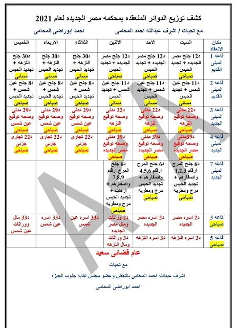 الدوائر المنعقدة بمحكمة مصر الجديدة ٢٠٢١