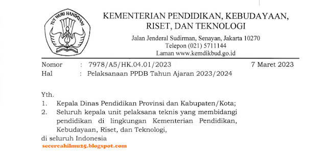 Surat Edaran Kemendikbudristek tentang Pelaksanaan PPDB Tahun Ajaran 2023/2024
