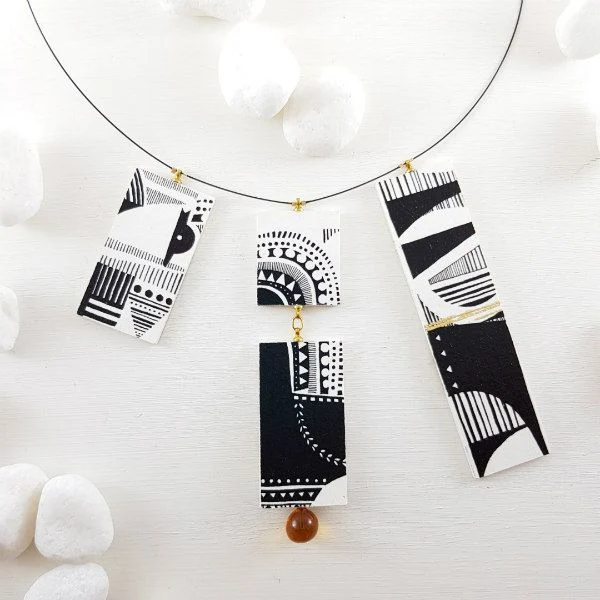 Scandinavian folk style black and white necklace with hand-painted watercolor paper pendants and Murano glass pearls