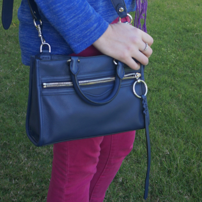 blue and pink jumper and jeans outfit with Rebecca Minkoff Micro Bedford zip satchel in twilight | awyafromtheblue