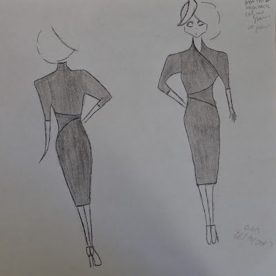Fashion sketch drawing of vintage style asymmetric dress blog