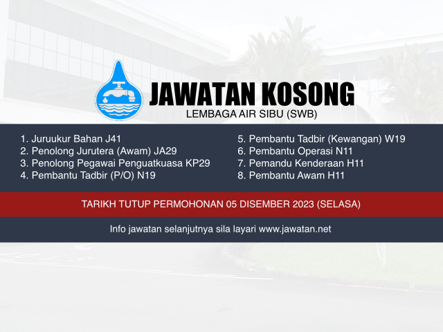 Jawatan Kosong Lembaga Air Sibu (SWB) Disemberr 2023