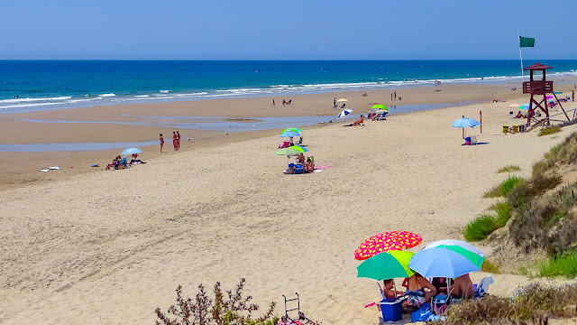 Playa llana de arena con personas con sombrillas y una torre de vigilancia de madera, dunas con vegetación a su espalda y las azules aguas del mar a su frente.