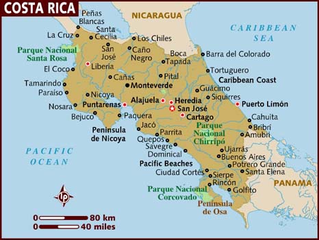 Map Of Costa Rica And Panama. Panama to the southeast,