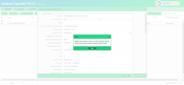 input data Pesert Didik yaitu Gagal menyimpan, mohon isi form dengan benar. Field yang salah ditandai dengan kota merah. 