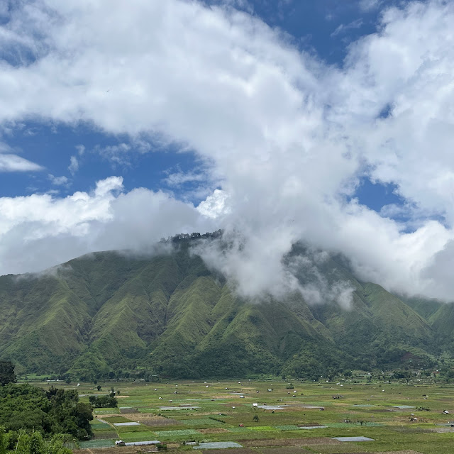 Bukit Sembalun yang dilihat dari Bukit Selong dengan petak-petak persawahan terhampar di bawahnya