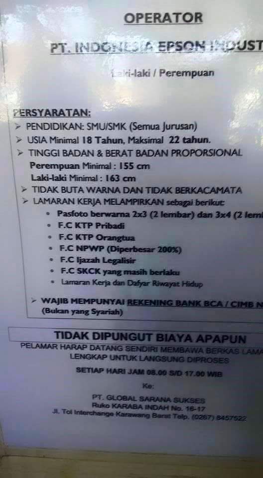 Lowongan Kerja PT.Epson Indonesia Industry Untuk Posisi 