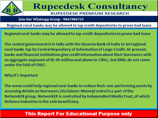 Regional rural banks may be allowed to tap credit depositories to prune bad loans - Rupeedesk Reports - 27.06.2022