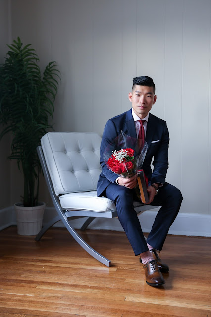 Perry Ellis Navy Suit for Valentine's Day, Romantic Menswear outfit, Roses and Godiva Chocolate, 