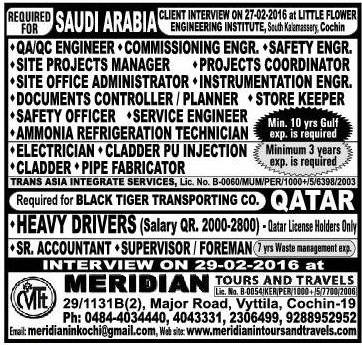 Urgent Jobs for Saudi Arabia & Qatar