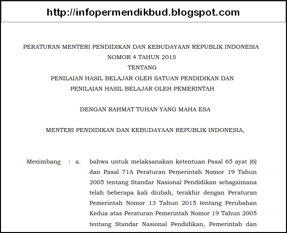 Permendikbud Nomor 4 Tahun 2018 Tentang Penilaian Hasil Belajar Oleh Satuan Pendidikan Dan Penilaian Hasil Belajar Oleh Pemerintah