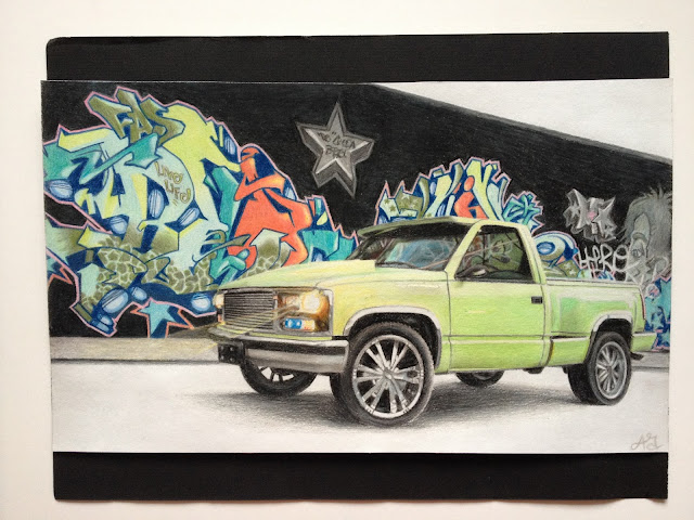 Truck, Chevy, Lime green truck, graffiti, drawing, art, pencil crayon