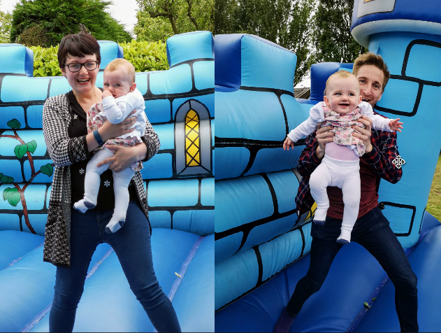 Mummy, Daddy and Daughter on a bouncy castle autistic and pregnant autism parenting uk blog