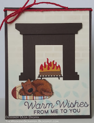 Card with puppy in front of the fireplace using MFT fireplace, Let's Get Cozy, You Make My Tail Wag and SU Bow Wow