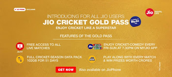 Jio Cricket Gold Pass - Get 2GB Data/Day for 51 Days at Rs.251 Only