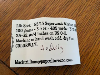 Sock skein label from Trillium Fibers in the colorway Hedwig
