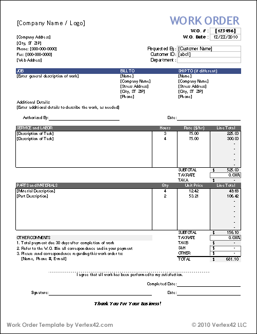 Free Work Order Form Template For Excel