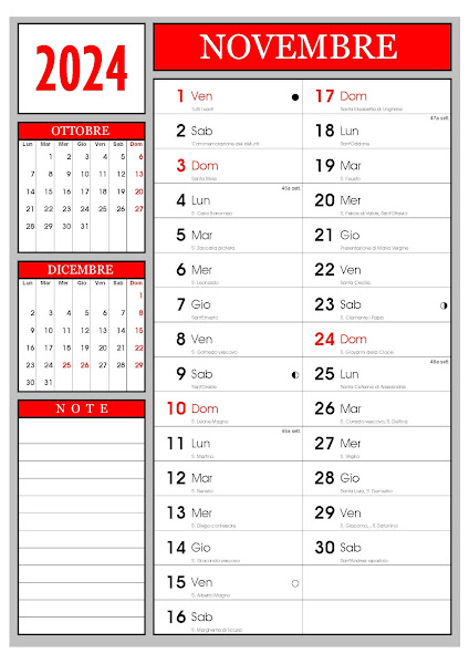 Novembre - Calendario 2024 con santi e fasi lunari