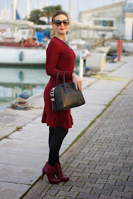 Carven burgundy dress, Givenchy Antigona bag, Icone burgundy boots, Fashion and Cookies, fashion blogger