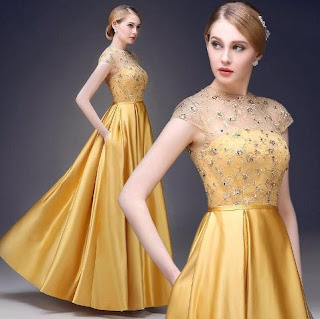 Model Gaun Pesta Brokat Kuning Keemasan 2015