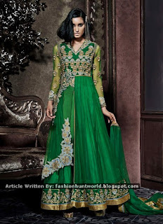  Cream n Green Lehenga Cum Straight Pant Suit / Green Net Center Slit Anarkali Suit