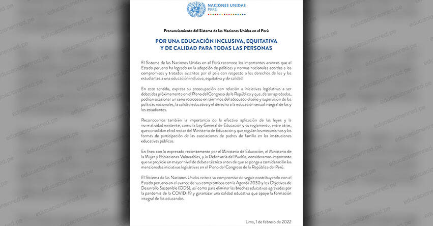 PRONUNCIAMIENTO ONU: Por una educación inclusiva, equitativa y de calidad para todas las personas