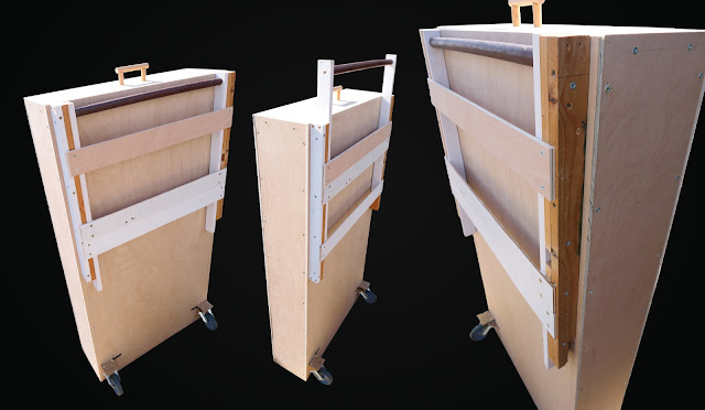 A montage of three photos showing the completed layout storage box, including the retractable handle in operation.