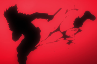 Silhouette of Aizawa, a sword drawn in his right hand,  his right leg flying off in a spray of blood.