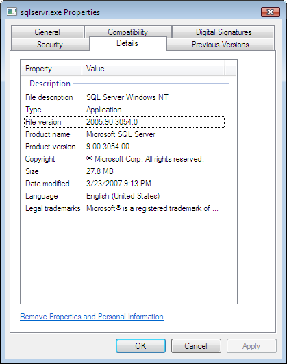 SQLSERVER.EXE Property Page
