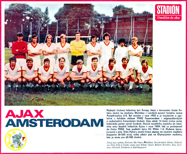 AMSTERDAMSCHE F. C. AJAX. Temporada 1970-71. Sies Wever, Sjaak Swart, Johann Neeskens, Nico Rijnders, Heinz Stuy, Wim Suurbier, Barry Hulshoff, Roni Kalderon y Tom Søndergaard. Gerrie Mühren, Arie Haan, George Van Bockel, Ruud Suurendonk, Pietr Keizer, Velibor Vasović, Dick Van Dijk, Ruud Krol y Johan Cruyff. Plantilla del Ajax, que ganó su 1ª Copa de Europa  en la temporada 1970-71