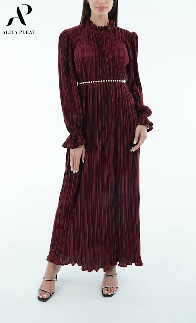 Camila Pleated Dress With Long Sleeve Ruffle Hem