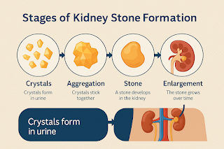 Infographic showing the stages of kidney stone formation from crystal to stone