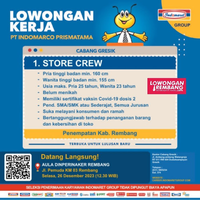 Lowongan Kerja Pegawai Store Crew Indomaret PT Indomarco Prismatama Rembang