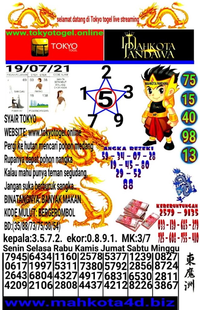 Syair Prediksi Tokyo Togel Senin, 19 - Juli - 2021