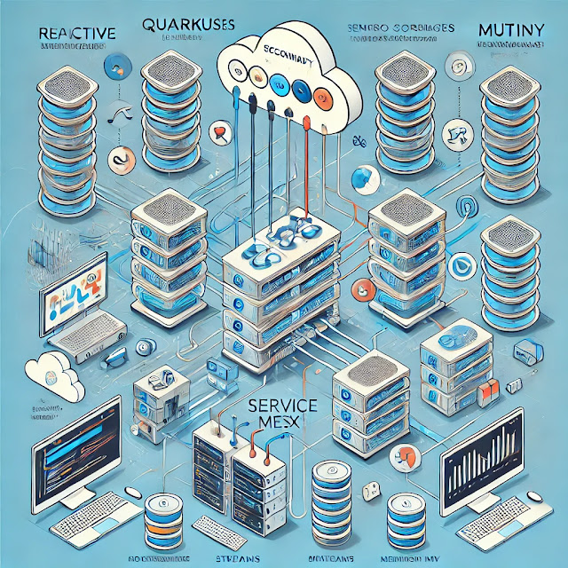 Ilustración de una arquitectura reactiva con Quarkus y Mutiny mostrando servidores y flujos de datos